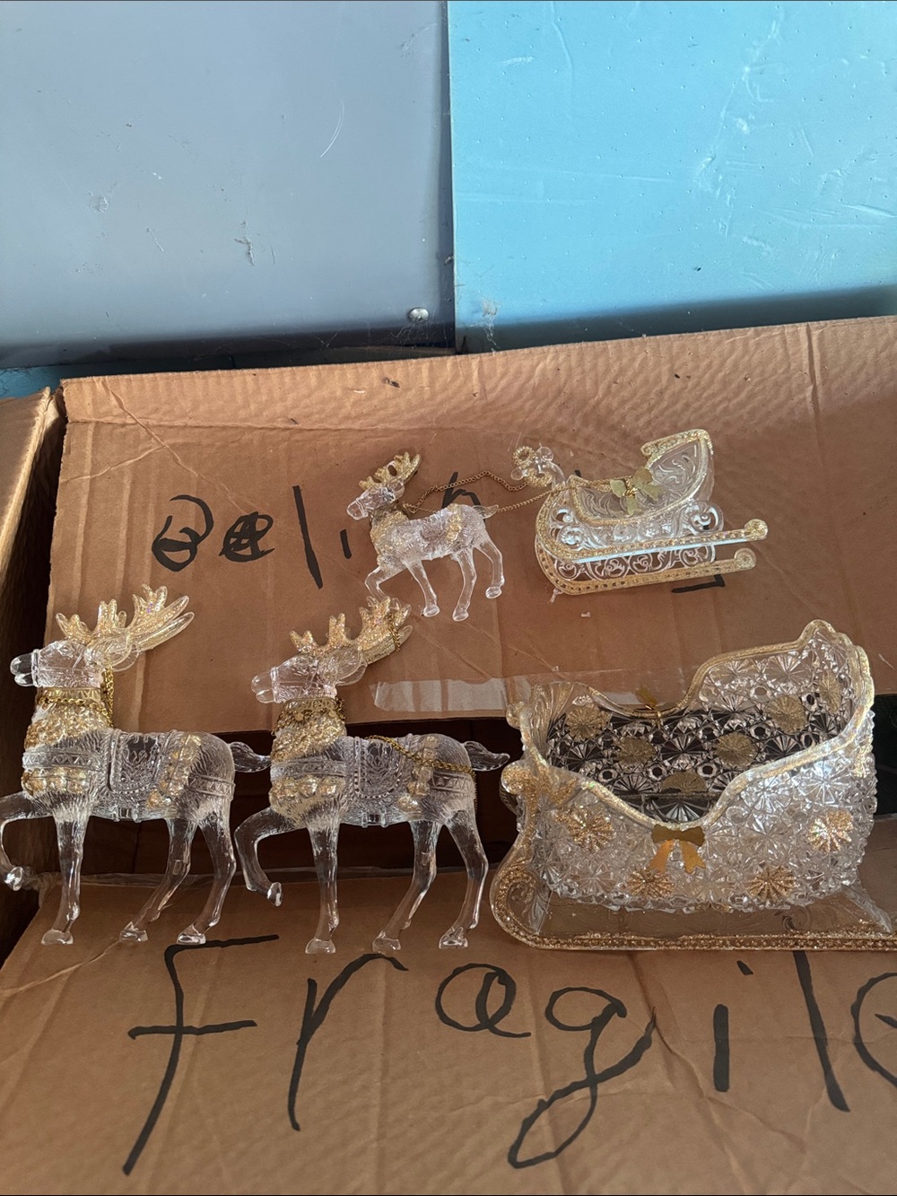 Clear and Gold Glass Reindeer & Sleigh Holiday Decor Set